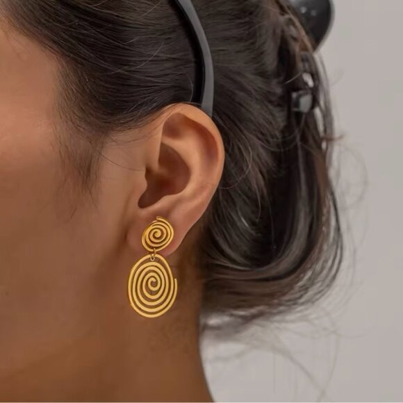 18K Gold Plated Spiral Drop Earrings - Picture 1 of 8